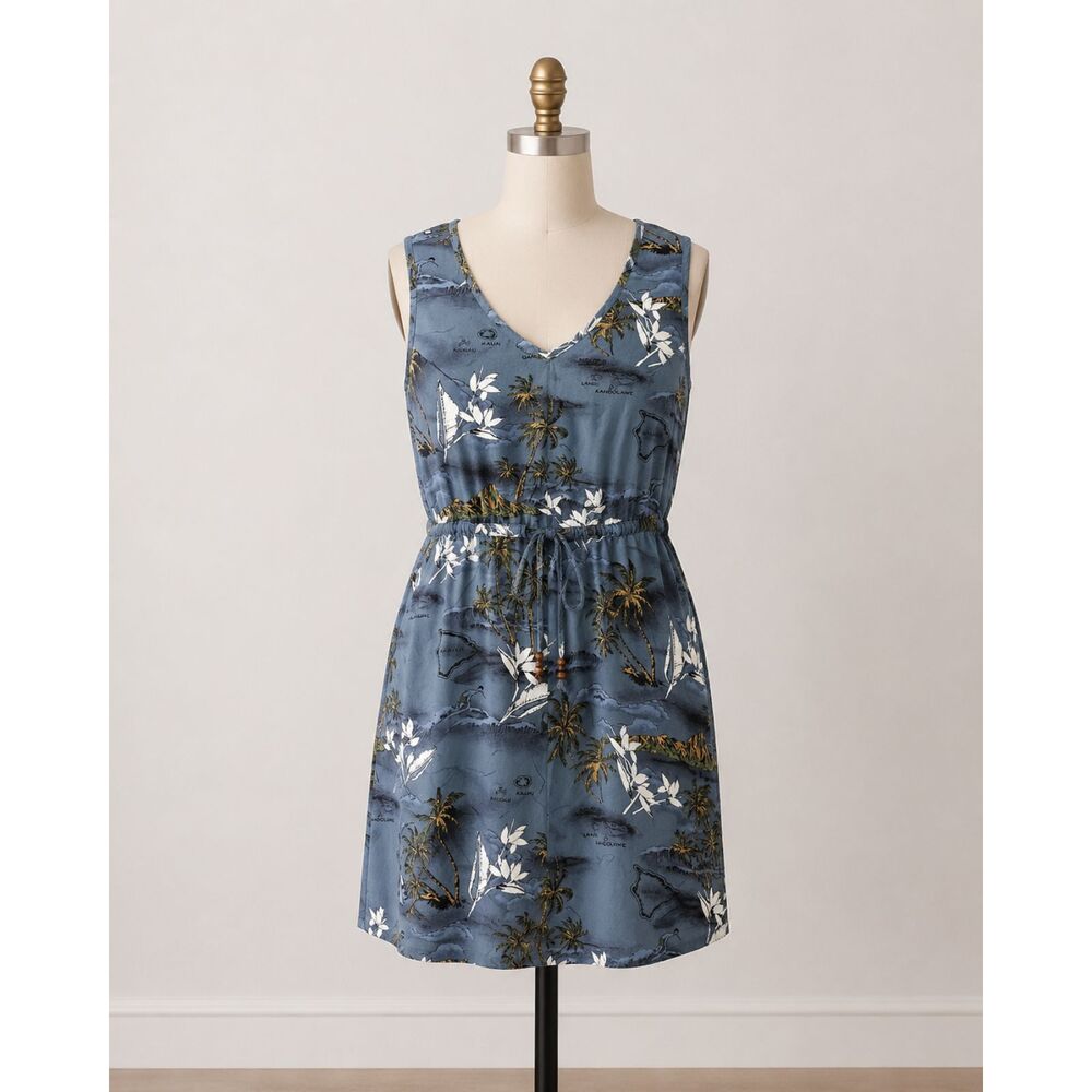 Palmwave Hawaii Island Print Dress Large Blue Sleeveless Beach Resort Dress